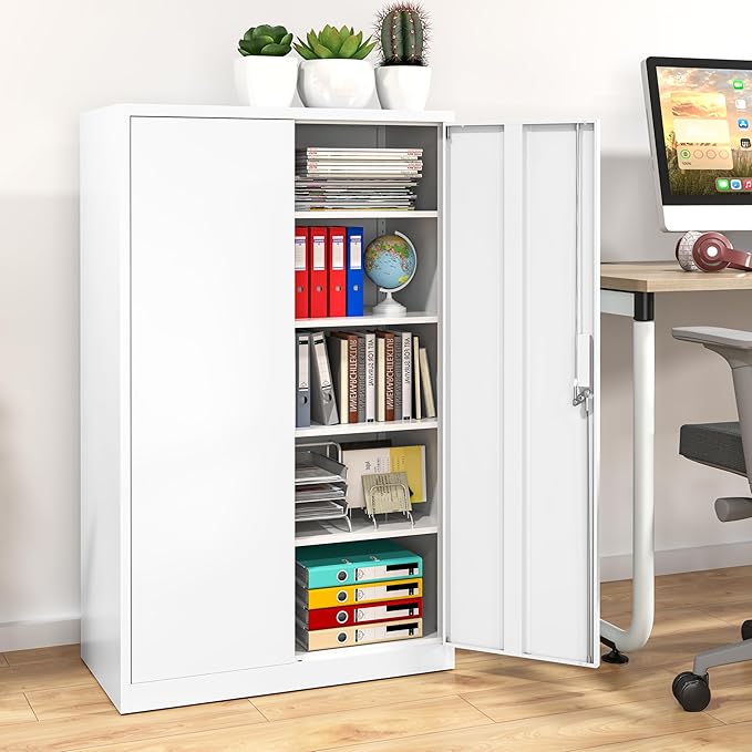 42" Folding Metal Storage Cabinet with Lock,2 Doors and 2 Adjustable Shelves,Quick Assembly Foldable Steel Cabinet for Office Home Garage,White