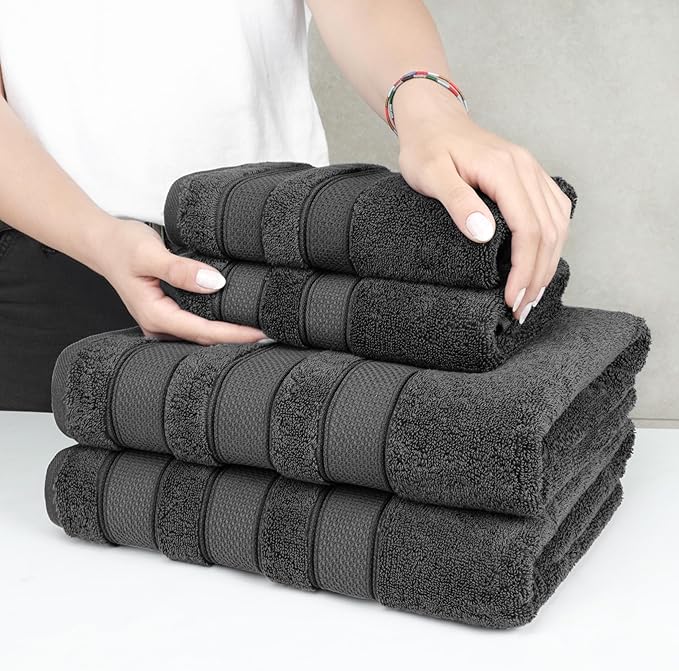 American Soft Linen Salem Turkish Bath Towel Set, 100% Cotton 600 GSM 6 Piece Towels for Bathroom, 2 Bath Towels 2 Hand Towels 2 Washcloths, Dark Gray