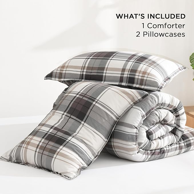 Andency Gray Brown Black Plaid Comforter Set Full(79x90Inch), 3 Pieces Grid Gingham Stripes Bedding Comforter Sets for Boys Girls Kids Teens, Preppy Geometric Line Soft Lightweight Reversible Bed Set