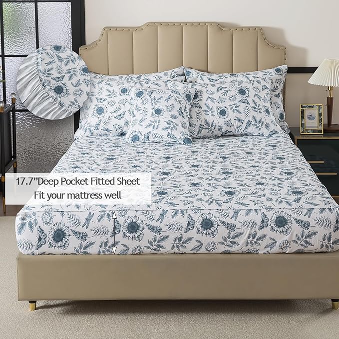 FADFAY Butterfly Sheets Set Queen Blue and White Sunflower Bedding Vintage Botanical Rose Floral Sheets Shabby Rustic Leaves Bedding 100% Percale Cotton Breathable Soft Deep Pocket 4Pcs, Queen Size