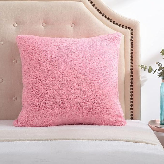 Reafort Ultra Soft Sherpa Euro Sham Pillow Case 26"x26" Replacement with Zipper Closure (Pink, 26"x26" Euro Sham)