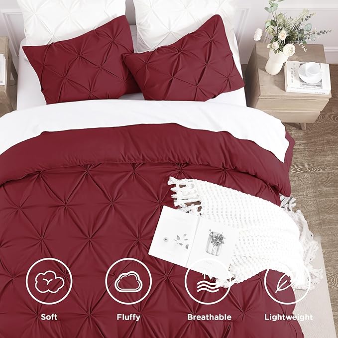Andency Burgundy Comforter Set Twin(66x90Inch), 2 Pieces(1 Pinch Pleat Comforter and 1 Pillowcase) Pintuck Comforter Set, Soft Lightweight Microfiber Down Alternative Bedding Comforter Set