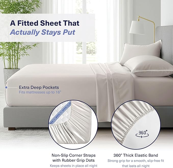 Kickoff Viscose Bamboo Sheets Twin XL Size 3-pc 100% Organic Bamboo Viscose Bed Cooling Sheets Twin XL Size Set Cool Bedding for hot Sleepers Sheet, Flat, Fitted, Pillowcase (Light Grey, TXL) KickoffHome
