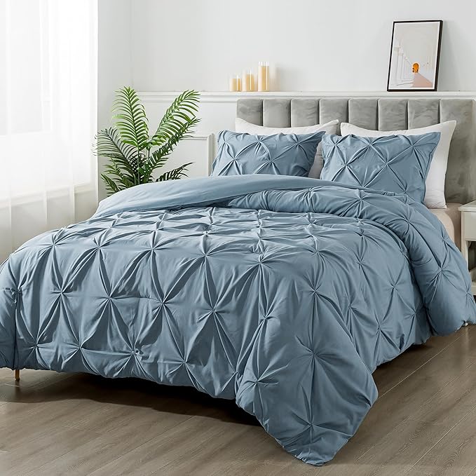 Andency Grayish Blue Pinch Pleat Comforter Twin(66x90Inch), All Season 2 Pieces(1 Pintuck Comforter, 1 Pillowcase) Microfiber Pintuck Comforter Sets Down Alternative Comforter Bedding Set