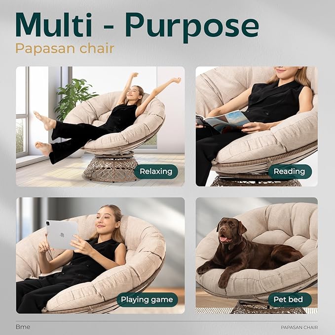 Bme Metal Oversized Swivel Papasan Chair, Living Room Chair with Beige Cushion, Brown Frame, 360° Swivel, Skillfully Woven Resin Wicker, 46 Inch Wide, Bee-Designed Base, Modern Style, Indoor Use