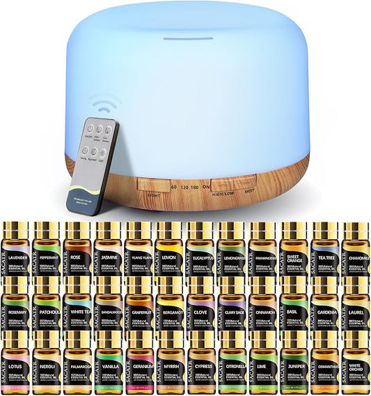 SACATR Essential Oil Diffusers for Home with 36x5mL Oil Diffuser Sets, Ultrasonic Technology, Remote Control for Home Office, Auto Shut-Off 4 Timers 15 Colors
