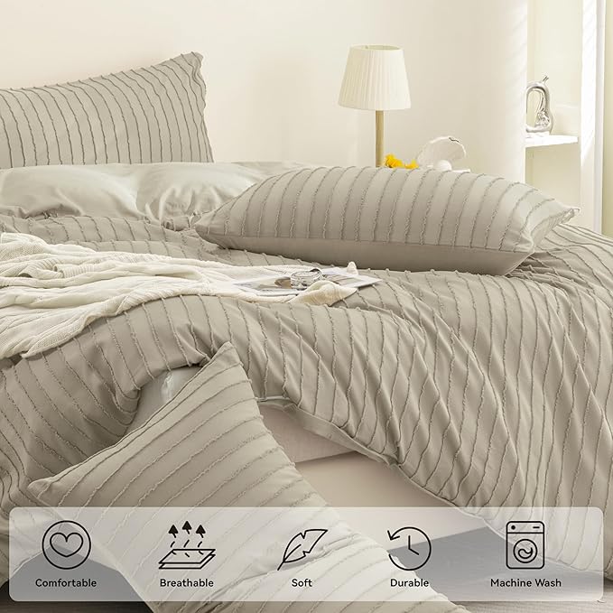 JELLYMONI Duvet Cover King Size Khaki - 3PCS Boho Striped Duvet Cover Set Polyester Tufted Bohemian Textured Comforter Cover 104×90in with Corner Ties & Zipper and 2 Pillowcases