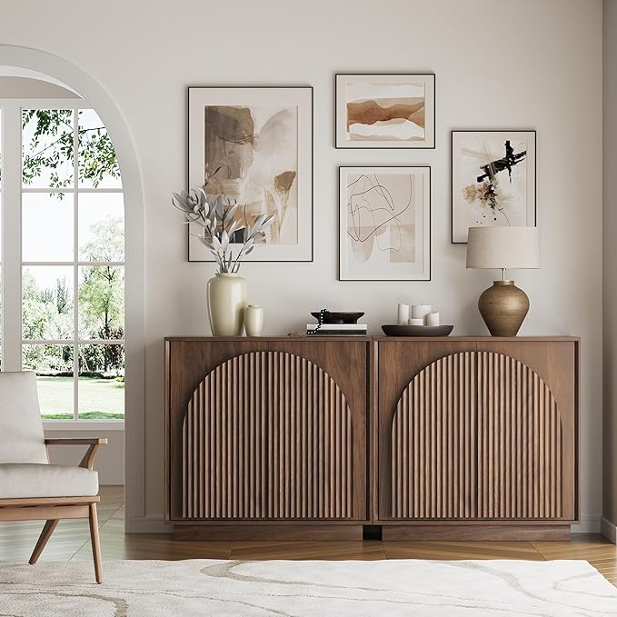 win2win Fluted Sideboard Buffet Cabinet with Storage, 31.5" Mid Century Modern Accent Cabinet with Double-Layered Arch Door, Small Wood Console Credenza for Dining Living Room Entryway, Walnut, 2PCS