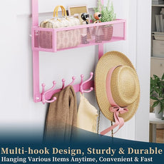 Consumest Over The Door Hooks Organizer - Over Door Hanger with 16 Hooks & 2 Baskets for Hanging Coat, Clothing, Towel, Back Storage for Bathroom, Closet, College Dorm, Pink