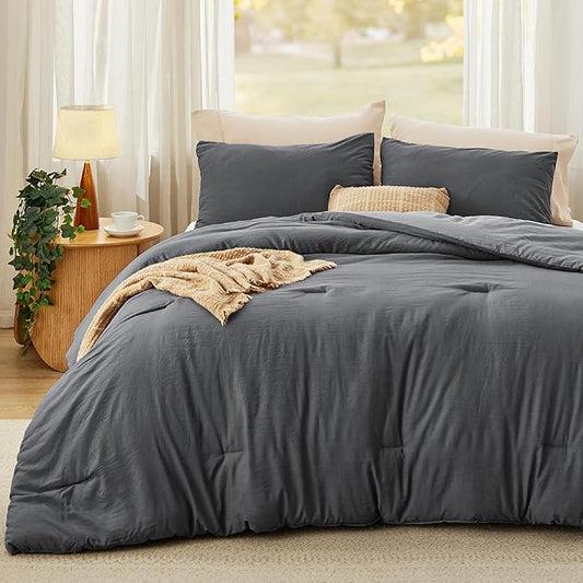 Bedsure Twin Size Comforter Set, Reversible Grey Soft Prewashed Bedding for All Seasons, 2 Pieces Warm Down Alternative Bed Set, 1 Lightweight Comforter (68"x88") and 1 Pillowcase