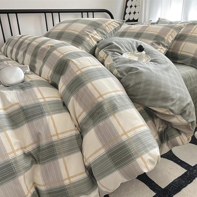 VM VOUGEMARKET Teen Boys Plaid Duvet Cover Set Twin XL Simple Farmhouse Style Cotton Green Buffalo Plaid Gingham Bedding Set 1 Duvet Cover with 2 Pillowcases