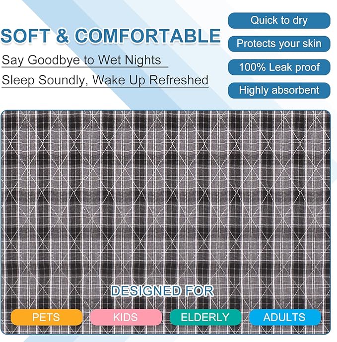 OUTCREATOR® Washable Bed Pads 34" x 76" (Pack of 2), Incontinence Mattress Protector, Anti-Slip Waterproof Underpads for Adults Kids Elderly Pets, Absorbency & Reusable Bedwetting Pads (Black Plaid)
