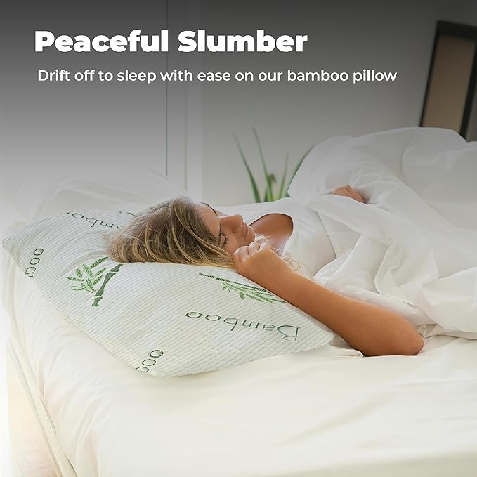 OMEO 2 Pack Standard Size Rayon Derived from Bamboo Pillow for Sleeping Shredded Memory Foam Bed Pillows for Side, Back and Stomach Sleepers, Soft, Cooling, Adjustable and Washable Cover 20" x 26"