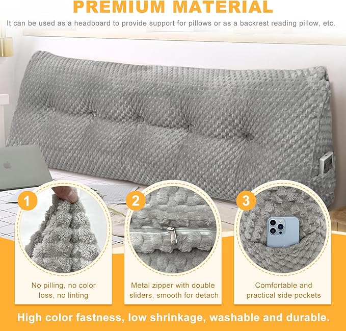 Large Triangular Headboard Wedge Pillow Soft and Supportive Headboard Backrest Positioning Support Bolster Cushion, Bed Wedge Pillow with Removable Cover(Light Gray,Cal King,71x8x20inch)