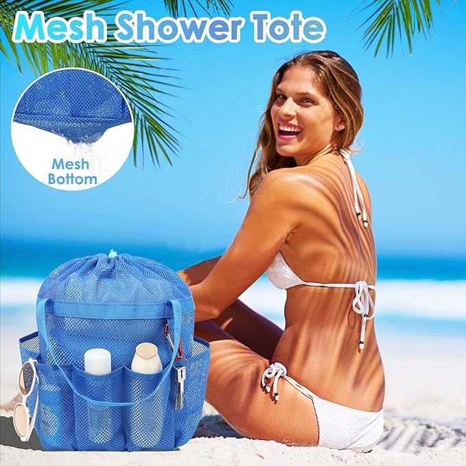 Mesh Shower Caddy Portable with Drawstring, Dorm Room Essentials for College Girls Guys, 8-Pocket Extra Large Shower Bag Basket Tote for Camping Beach Gym Travel Toiletry Bathroom
