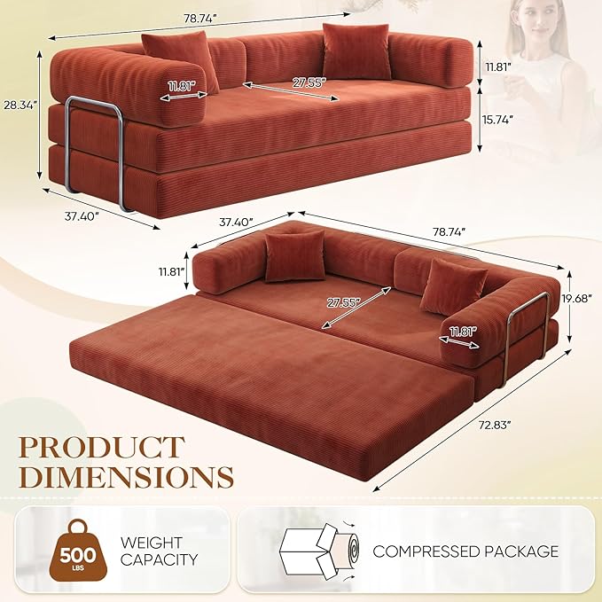 Antetek Convertible Futon Sofa Bed, 3-Seater Modern Corduroy Foam Floor King Size Bed Fold Out Sleeper Lounge Loveseat Sofa Couch with 2 Throw Pillows for Living Room Bedroom Guest Room, Tangerine