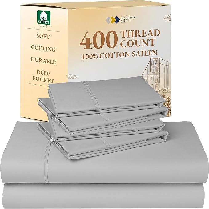California Design Den 6-Pc Queen Size Sheet Set with 4 Pillowcases - 400 Thread Count 100% Cotton Sheets, Sateen Weave, Deep Pocket Bedsheets Set - Light Grey CaliforniaDesignDen