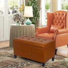 Joveco Storage Ottoman Bench, 33 Inches Faux Leather Rectangle Tufted Foot Stool for End Foot of Bed, Bedroom, Living Room, Cognac Brown