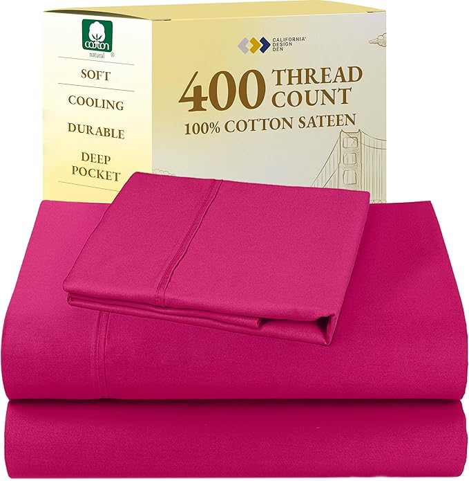 California Design Den Natural 100% Cotton Bed Sheets Twin XL Size Set - 400 Thread Count Sateen, Twin XL Sheets Set, Deep Pockets, All Around Elastic, Durable Bedding for Dorm Room - Hot Pink CaliforniaDesignDen