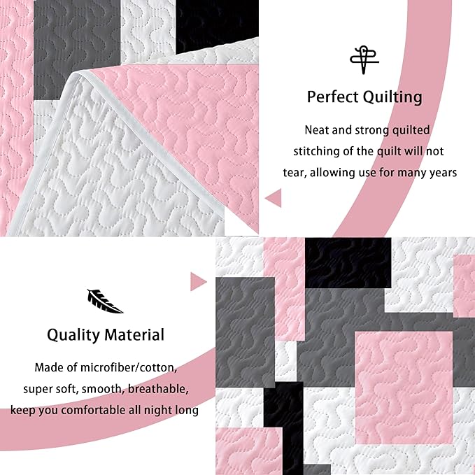 3 Piece Pink Grey Quilt Set King Size Pink Gray White Geometric Reversible Bedding Set Microfiber Lightweight Bedspread Coverlet with 2 Shams Modern Bed Cover for All Season, 106''x96''