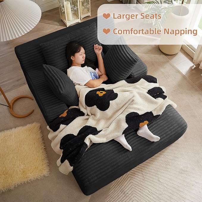 Oversized Chaise Lounge Chair Indoor Corduroy Sofa Bed with Throw Pillows Recliner Chair Comfy Large Deep Seat Sofa Couch for Living Room, Bedroom, Apartment (Black)