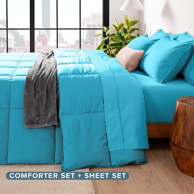 Bare Home Bed-in-A-Bag 5 Piece Comforter & Sheet Set - Twin XL - Goose Down Alternative - Ultra-Soft 1800 Premium Bed Set (Twin XL, Aqua/Aqua)