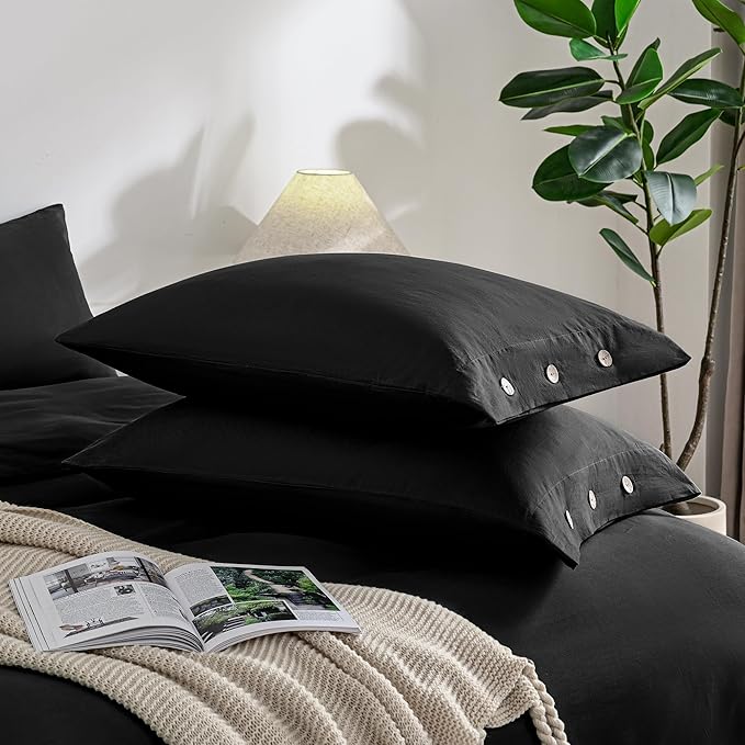 JELLYMONI Pillowcases Standard Set of 2 Cotton Button Pillow Covers 20×26in Pure Black Bed Pillow Cases 100% Washed Cotton Soft Breathable (Pillows are not Included)