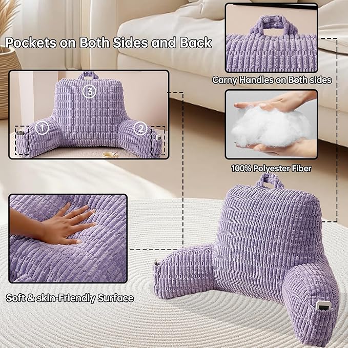 Reading Pillow for Sitting in Bed, Large Backrest Reading Pillow with Arm Rest,Back-Rest Support Cushion for Sit Up on Couch, Sofa, and Floor (Light Purple Corduroy, Standard(17"))