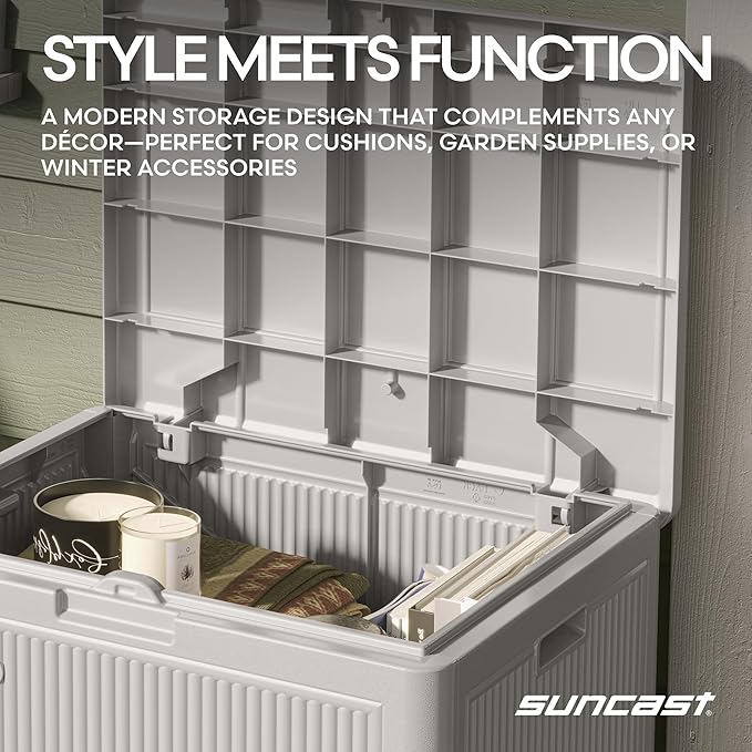 Suncast 22-Gal. Waterproof Resin Small Outdoor Patio Deck Box with Reeded Design, Modern Outdoor Patio Bench/Storage Box for Cushions, Garden Tools, and More, French Gray