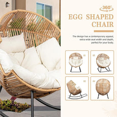 Vongrasig Comfy Wicker Rocking Egg Chair, Soft Thick Cushion Rattan Lounge Chair, High Capacity Steel Frame, Reading Chair for Living Room, Bedroom, Dorm Rooms (Beige)