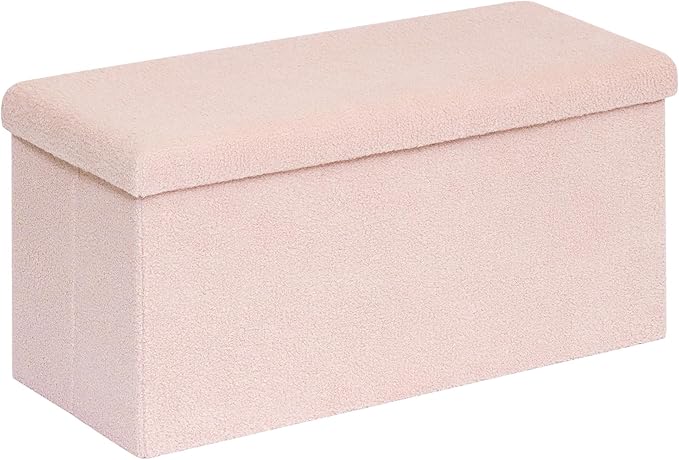PINPLUS Folding Storage Ottoman Bench, Sherpa Ottoman with Storage, Large Long Shoes Bench Chest with Lid, Footrest for Living Room, Entryway, Pink 30'' x 15'' x 15''