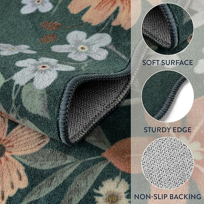 Lahome Floral Washable Rug- 4x6ft Green Bedroom Girls Ultra-Thin Soft Living Room Non-Slip Stain Resistant Boho Lightweight Throw Rug for Nursery Office, Dark Green