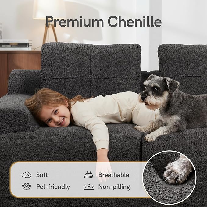 Boneless Couches for Living Room L Shaped Couch Modular Sectional Sofa 112'' Comfy Deep Seat No Assembly Couch Grey Modern 3 Seater Chenille Boneless Sofa with Ottoman for Bedroom Apartment