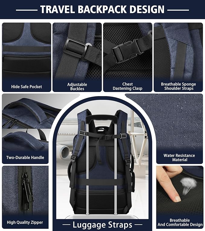 Travel Backpack,Expandable 40-50L Carry On Laptop Backpack with USB Cable Port Fits 17.3 Inch Laptop, Water Resistant Outdoor Travel Daypack for Men Women College Trips Weekend Adventures, Blue