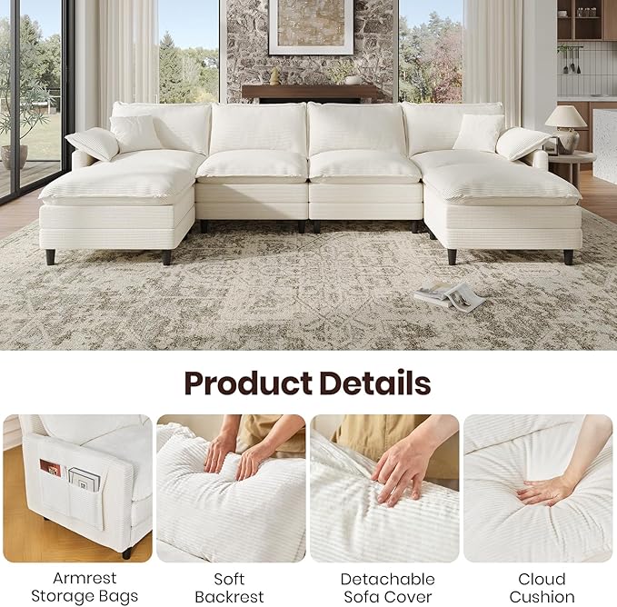 143" U Shaped Modular Sectional Cloud Couch with Two Ottoman, Snap-on Easy Installation 6-Piece Deep Seat Sofa with Storage Bag and Coffee Table for Living Room, Corduroy, Beige