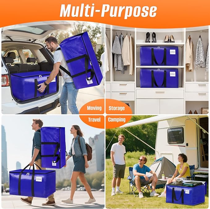 4-Pack Moving Bags with Backpack Straps & Carry Handles, 25 Gallons-93 L Heavy Duty Storage Totes for Space Saving, Foldable Storage Bags for College Dorm, Travel, Camping (Blue)