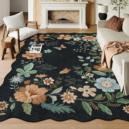 Lahome Floral 9x12 Area Rugs for Living Room Bedroom, Soft Washable Rugs 9x12 Stain Resistant, Ultra-Thin Non-Slip Boho Dining Room Rug Non-Shedding Accent Carpet for Office(9x12ft,Black/Grey)