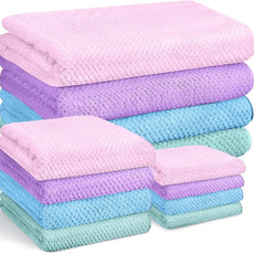 Preboun 12 Pcs Bath Towels and Washcloths 4 Sets Microfiber Bathroom Beach Pool Towel Set Quick Dry Coral Velvet Highly Absorbent for Fitness Sports Shower Travel Spa Hotel(Pastel Colors)