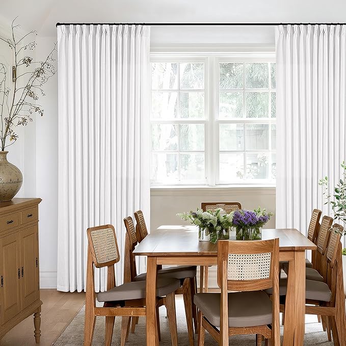 Pleated Linen White Curtains 96 Inches Long 2 Panels Set for Living Room Bedroom Neutral Farmhouse Cotton Linen Blend Back Tab Memory Shape Pinch Pleat Ceiling to Floor Window Curtain Snow White 8 Ft