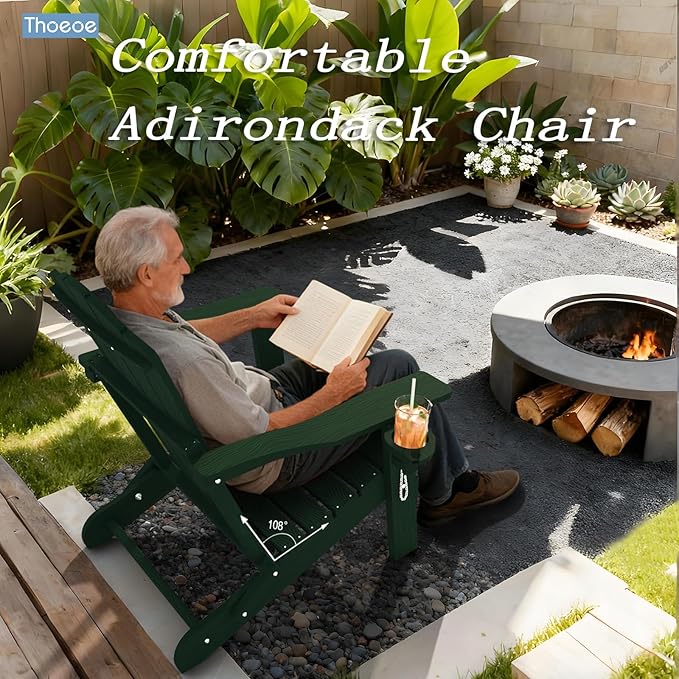 Adirondack Chair Set of 8, Folding All-Weather Outdoor HDPE Patio Chair with Cup Holder, Green
