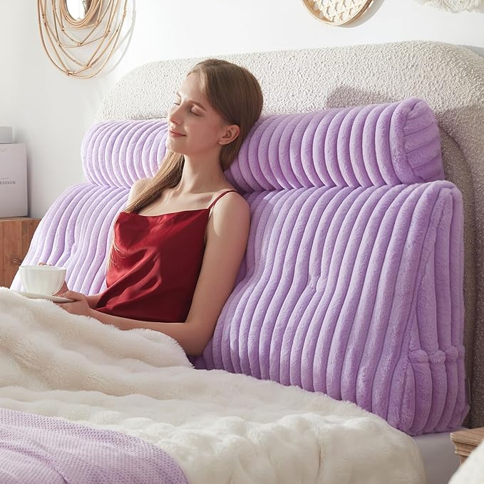Headboard Pillow + A Long Neck Roll Pillow Body Pillow，Faux Fur Headboard Wedge Pillow with Removable Cover (Purple, Queen：59x8x20 inches)