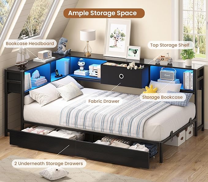 Hasuit Corner Bed Frame Twin XL with Storage Drawers and Bookcase Headboard, Metal Platform Corner Bed Frame with Charging Station and LED Lights, Twin XL Size Daybed for Kids Teens Guests, Black