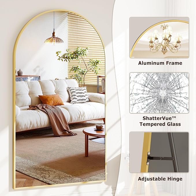 46"x76" Arched Full-Length Mirror, Oversized Floor Mirror with Stand, Freestanding or Wall-Mounted Full Body Mirror for Living Room, Bedroom, or Cloakroom, Gold