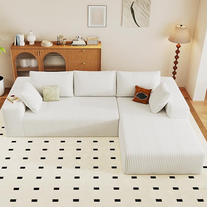 96" Modular Sectional Couch, Boneless L Shaped Cloud Sofa with Chaise Lounge, Corduroy Upholstered Couches Memory Foam Deep Seat, No Assembly Required, Ideal for Living Room(White, Right Facing)