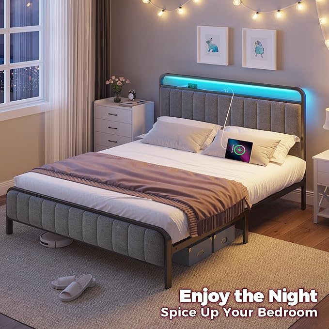 Rolanstar Full Size Bed Frame with LED Light and Charging Station, Upholstered Headboard and Footboard, Metal Slat, Noise Free, Easy Assembly, Dark Gray
