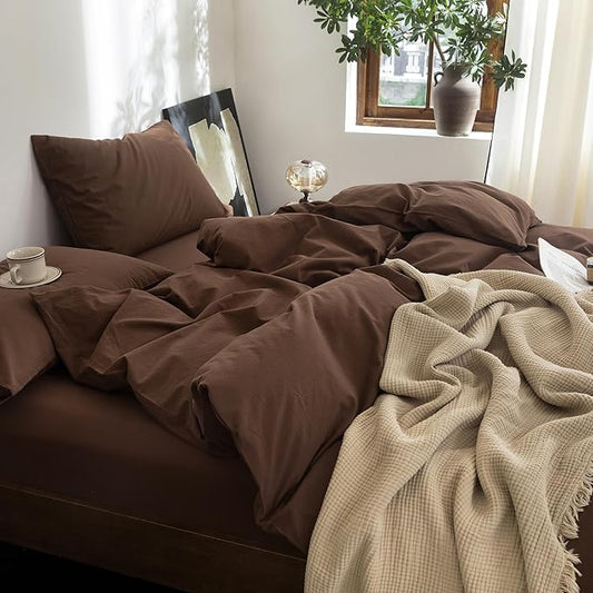 FOSSA Duvet Cover Set 100% Washed Cotton Linen Feel Super Soft Breathable Cozy Simple Style 3 Pieces Bedding Sets Solid Cocoa Brown Oversized King Plus
