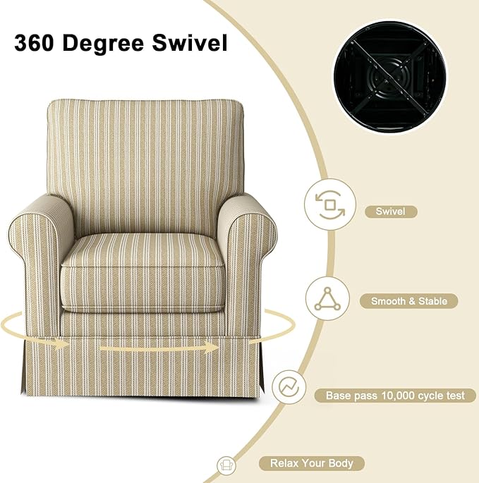 INZOY Swivel Accent Chair Linen Mid Century Modern Chair, Comfy Swivel Barrel Reading Chair, Upholstered Square Chair for Living Room Bedroom Small Spaces, Fully Assembled, Brown Stripe