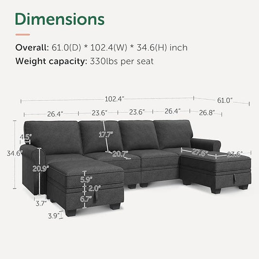 HONBAY Sectional Sofa with Storage Seat U Shaped Couch with Reversible Chaise Convertible Sectional Couches for Living Room,Dark Grey