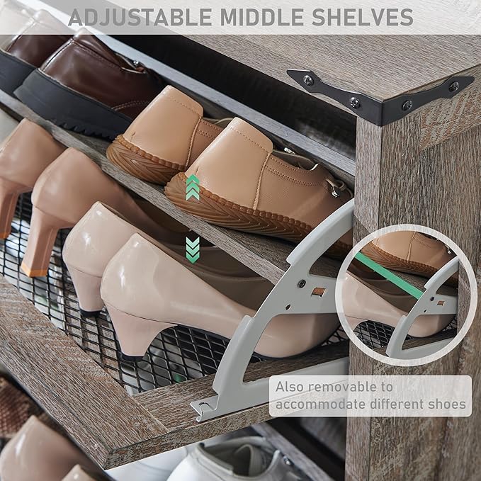 JXQTLINGMU Shoe Cabinet with 2 Flip Drawers, Farmhouse Shoe Storage Cabinet with Mesh Doors and Adjustable Shelves, Rustic Wooden Shoe Organizer, Small Shoe Cabinet Storage for Entryway, Grey