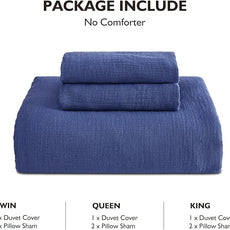 EMME Muslin Cotton Duvet Cover Set Navy King Size Linen Like Soft Breathable Lightweight Summer Comforter Cover Set with Zipper Closure (Navy, King, 104